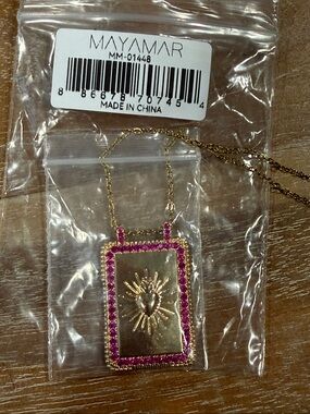NWT Mayamar Gold & Pink Sunburst Rectangular Pendant Necklace